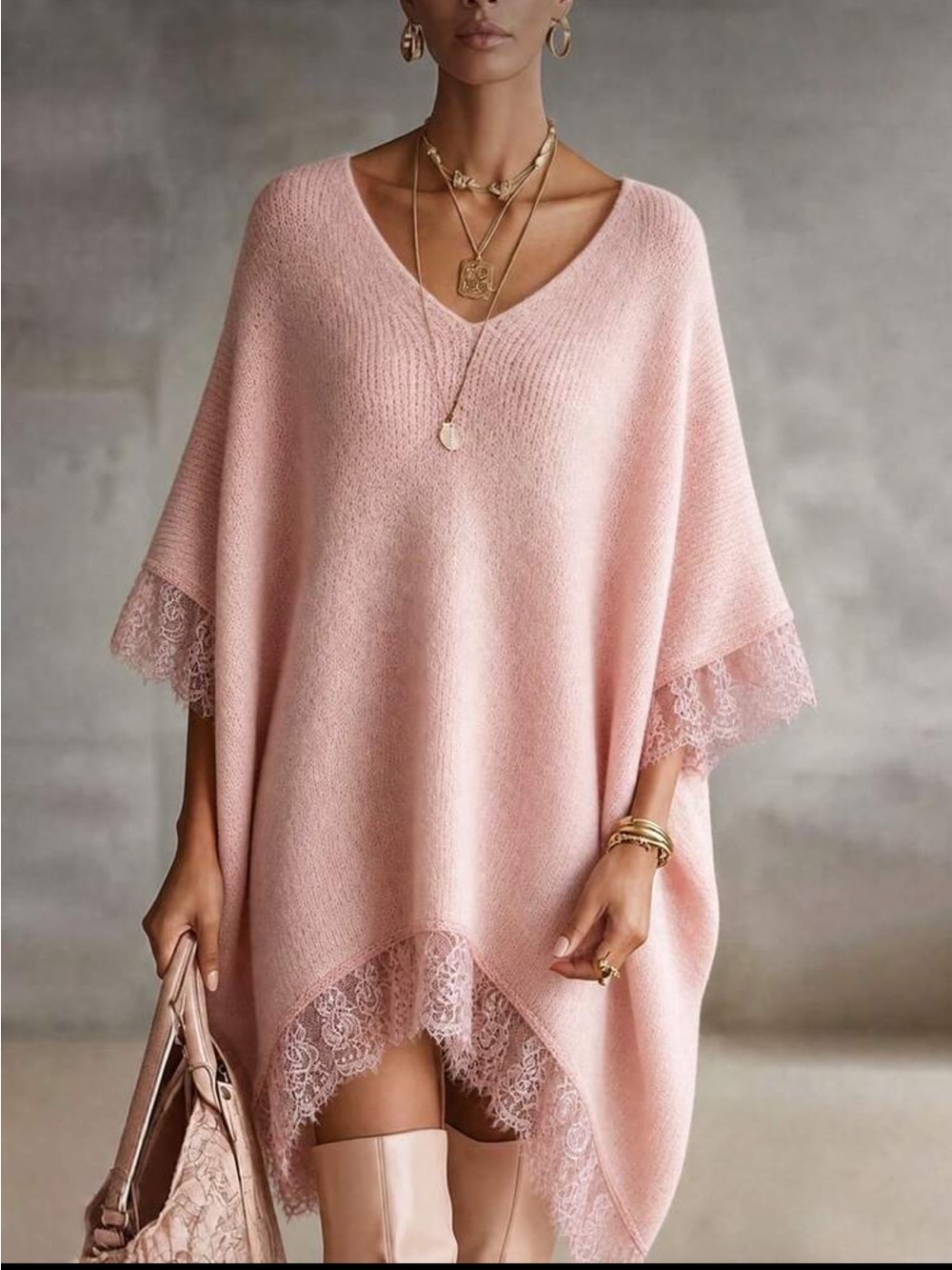 Luxe V-Neck Pink Lace-Trim Poncho Knit Sweater